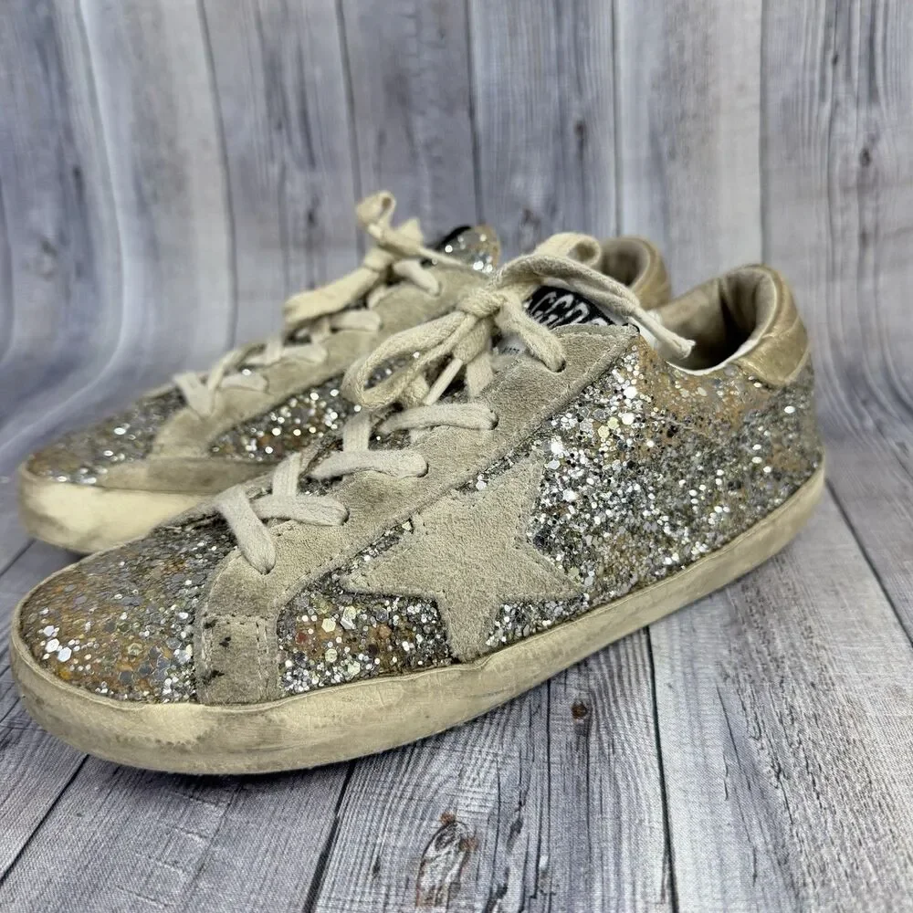 Golden Goose Super-Star Girls Size 1.5Y EUR 34 Silver Glitter Shoes Sneakers